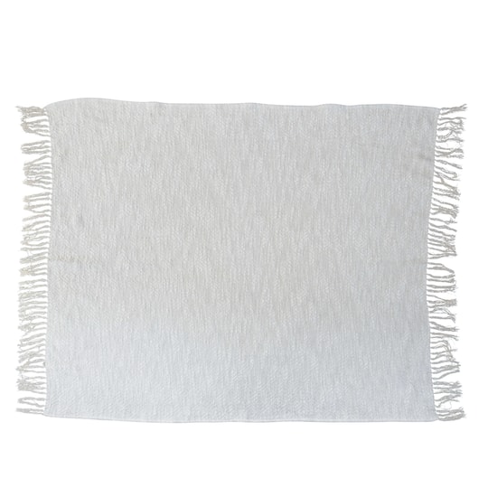  Cotton Throw Blanket with Silver Metallic Thread and Fringe, Cream